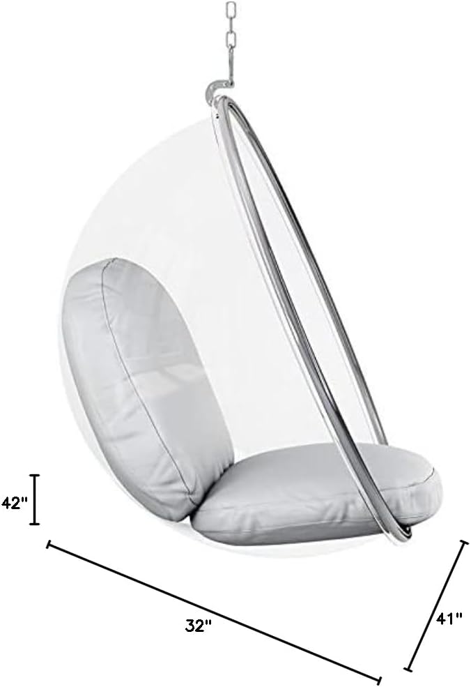 Afuera Living 42' Vinyl and Steel Hanging Bubble Chair, Silver Finish, Acrylic Frame with Chrome Chain, Thick Cushions, Modern Whimsical Design, Ceiling Hanging Chair for Living Room or Lounge Use