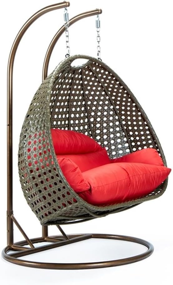 LeisureMod 2 Person Wicker Egg Chair Outdoor Indoor Bedroom Patio Hanging Lounge Swing Hammock Chairs with Beige Stand and UV Resistant Cushions (Red)