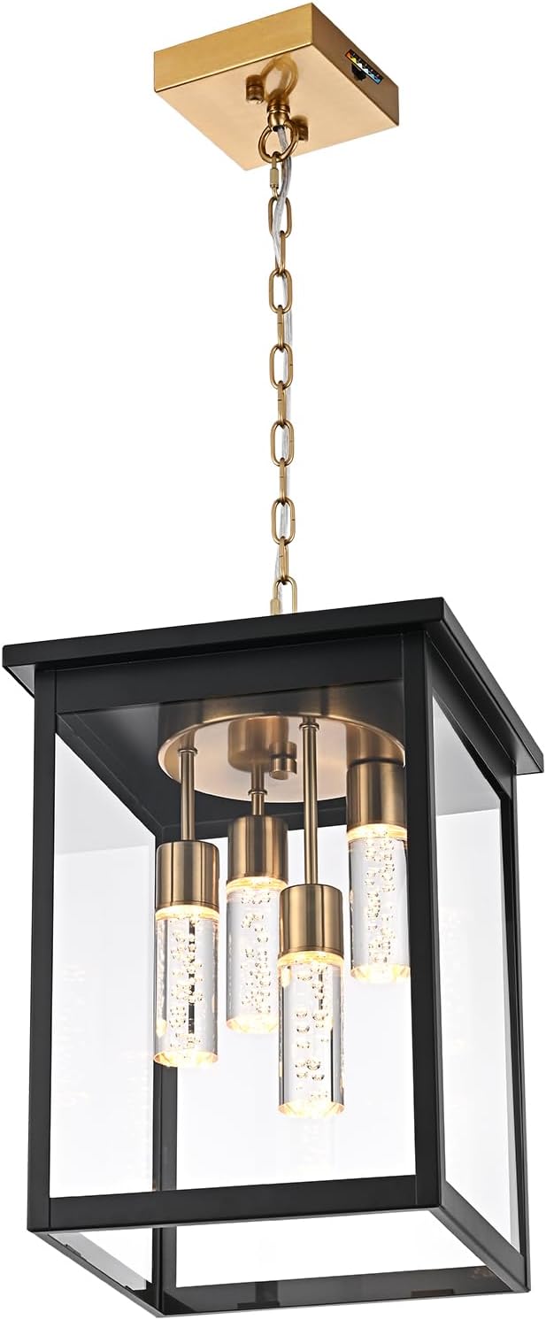Yaohong Large 5CCT LED Outdoor Pendant Lights for Porch, 4-Lights Modern Black and Brushed Brass Hanging Ceiling Fixture with Acrylic Column & Clear Glass, Weatherproof Chandelier for Foyer Gazebo