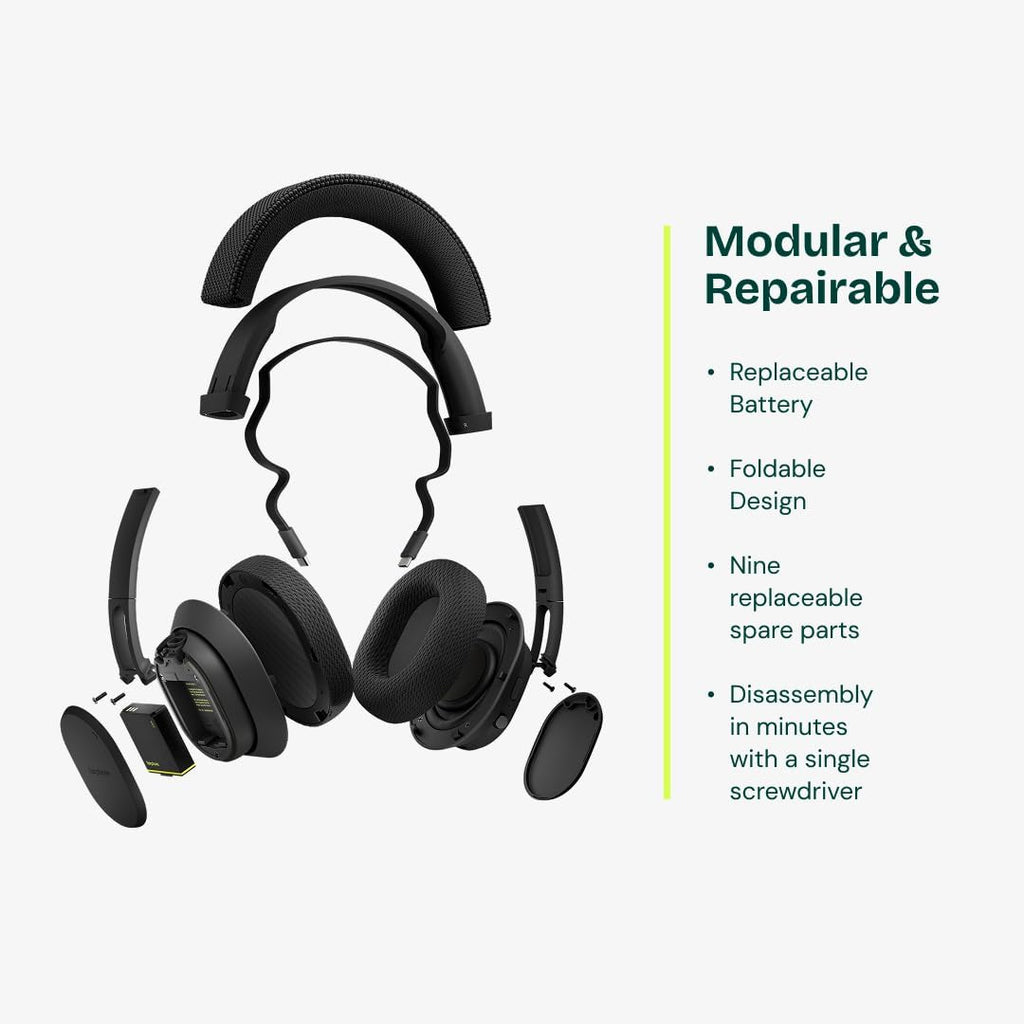 Fairphone Fairbuds XL Horizon Black Over-Ear Wireless Headphones with Active Noise Cancelling, aptX-HD 24-bit Audio, 30 H Battery, IP54 Weatherproof, Replaceable Parts