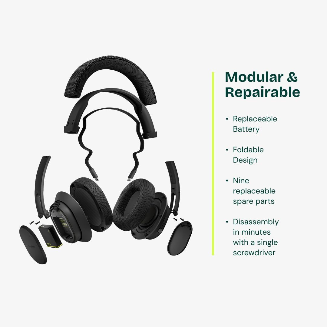 Fairphone Fairbuds XL Horizon Black Over-Ear Wireless Headphones with Active Noise Cancelling, aptX-HD 24-bit Audio, 30 H Battery, IP54 Weatherproof, Replaceable Parts