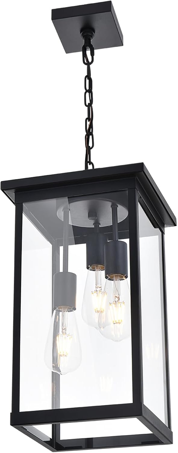 Yaohong 17'' Large Outdoor Pendant Light, 3-Lights Matte Black Exterior Hanging Lantern with Clear Glass, Outdoor Chandelier Ceiling Light Fixture for Porch, Patio, Gazebo, Entryway