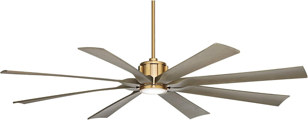 Possini Euro Design 70' Defender Modern Outdoor Ceiling Fan with Dimmable LED Light Remote Control Soft Brass Weathered Oak Blades Damp Rated for Patio Exterior House Porch Gazebo Garage Barn