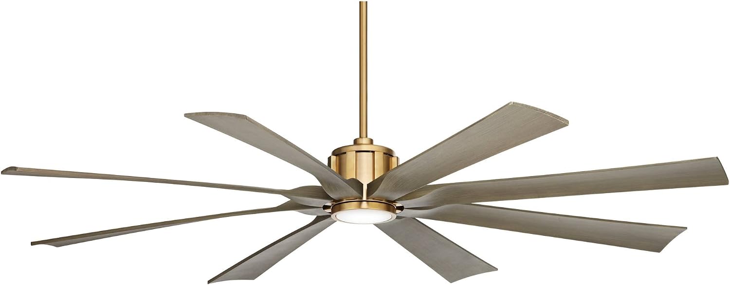 Possini Euro Design 70' Defender Modern Outdoor Ceiling Fan with Dimmable LED Light Remote Control Soft Brass Weathered Oak Blades Damp Rated for Patio Exterior House Porch Gazebo Garage Barn