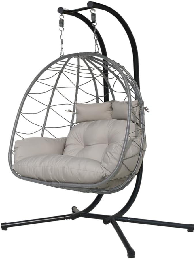 Double Egg Chair with Stand Patio Love Seats Chair w/Cushion Outdoor Waterproof Hanging Swing Wicker Rattan Basket (Double Gray)