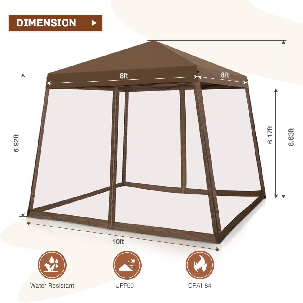 10x10 Pop Up Canopy Tent, Slant Leg Instant Screened Gazebo with Mesh Walls, UV Protection, Water Resistant, Brown