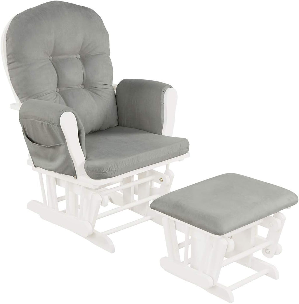 Costzon Nursery Glider with Ottoman, Upholstered Comfort Glider Rocker with Padded Cushion, Storage Pocket, Solid Wood Base, Rocking Chair Nursery for Breastfeeding, Napping (Light Gray)