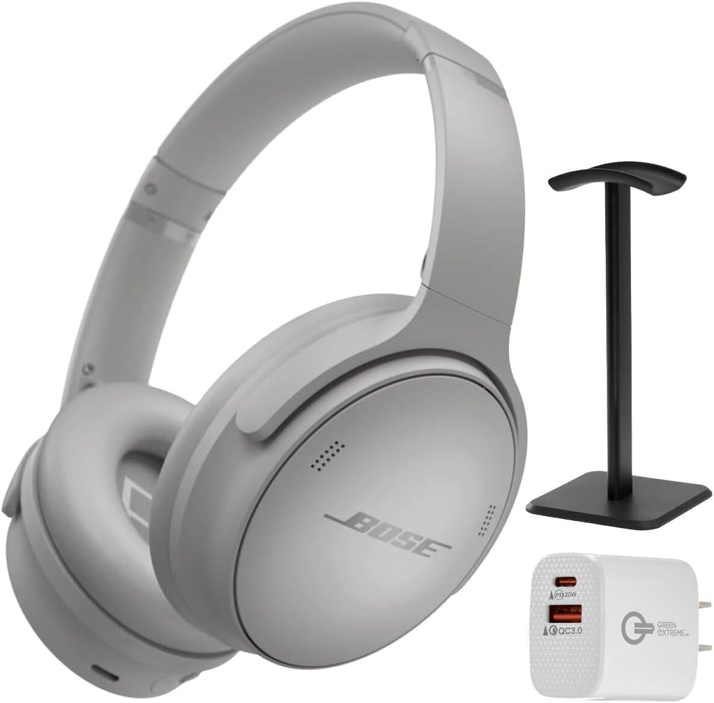 Bose QuietComfort Headphones - Wireless Bluetooth Headphones, Active Over Ear Noise Cancelling and Mic, Deep Bass Bundle + Desktop Headphone Stand + Green Extreme Dual Wall Charger (Moonlight Grey)