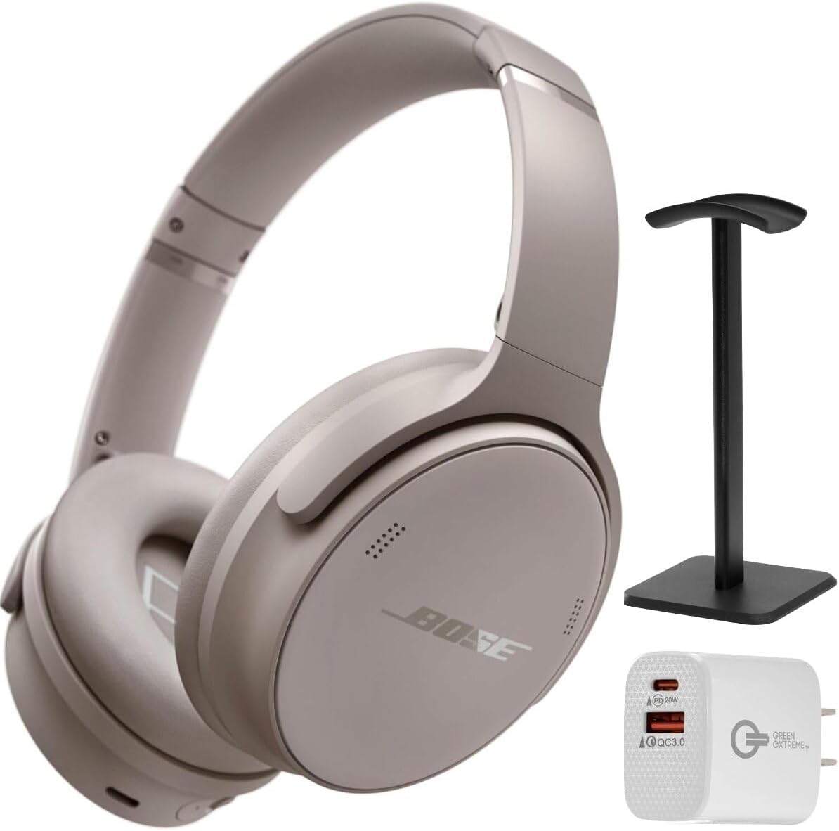 Bose QuietComfort Headphones - Wireless Bluetooth Headphones, Active Over Ear Noise Cancelling and Mic, Deep Bass Bundle + Desktop Headphone Stand + Green Extreme Dual Wall Charger (Sandstone)