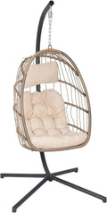 Flash Furniture Cleo Indoor/Outdoor Patio Hanging Egg Chair - Natural Frame with Cream Seat Cushions - Black Powder Coated C-Style Stand - Hanging Hardware Included