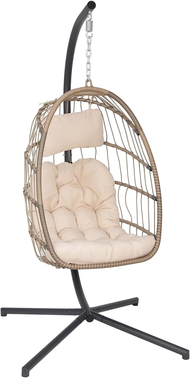 Flash Furniture Cleo Indoor/Outdoor Patio Hanging Egg Chair - Natural Frame with Cream Seat Cushions - Black Powder Coated C-Style Stand - Hanging Hardware Included