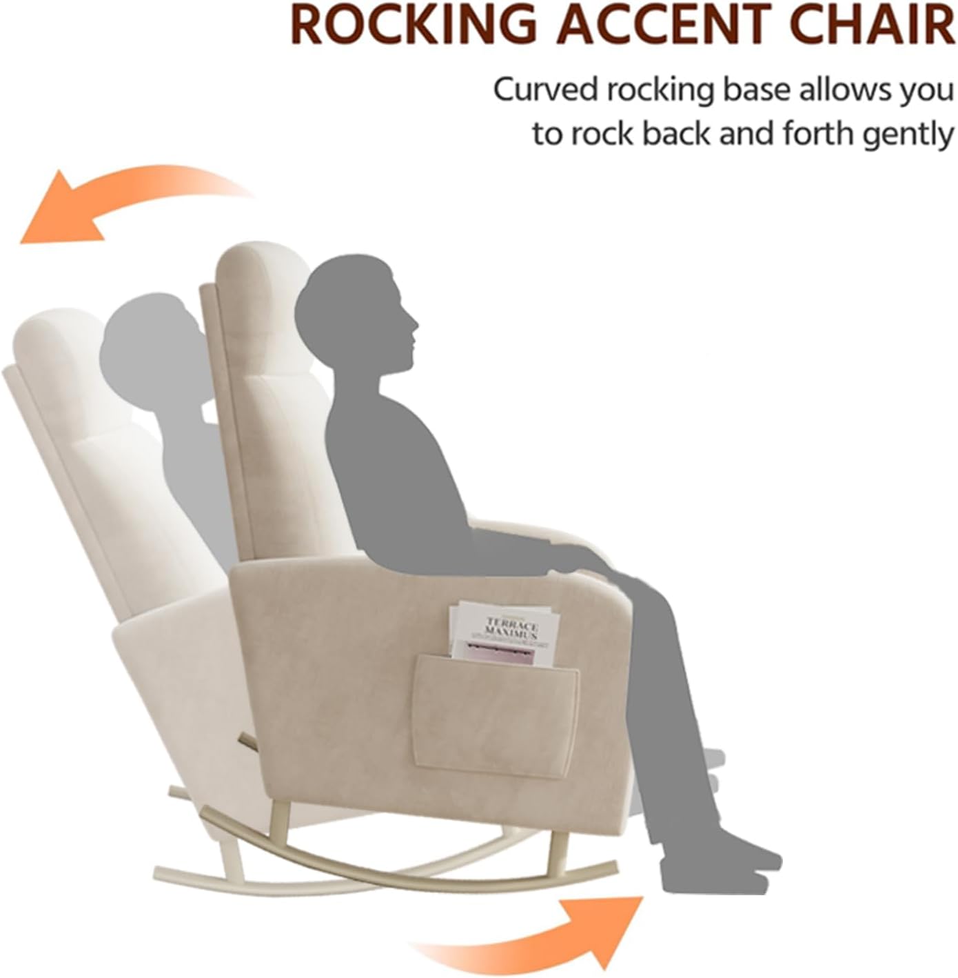 HIPIHOM Rocking Chair Nursery, Upholstered Glider Chair with Side Pocket, Modern Nursery Chair with High Backrest and Rubber Metail Legs, Accent Armchair for Living Room Bedroom Indoor (Beige Velvet)