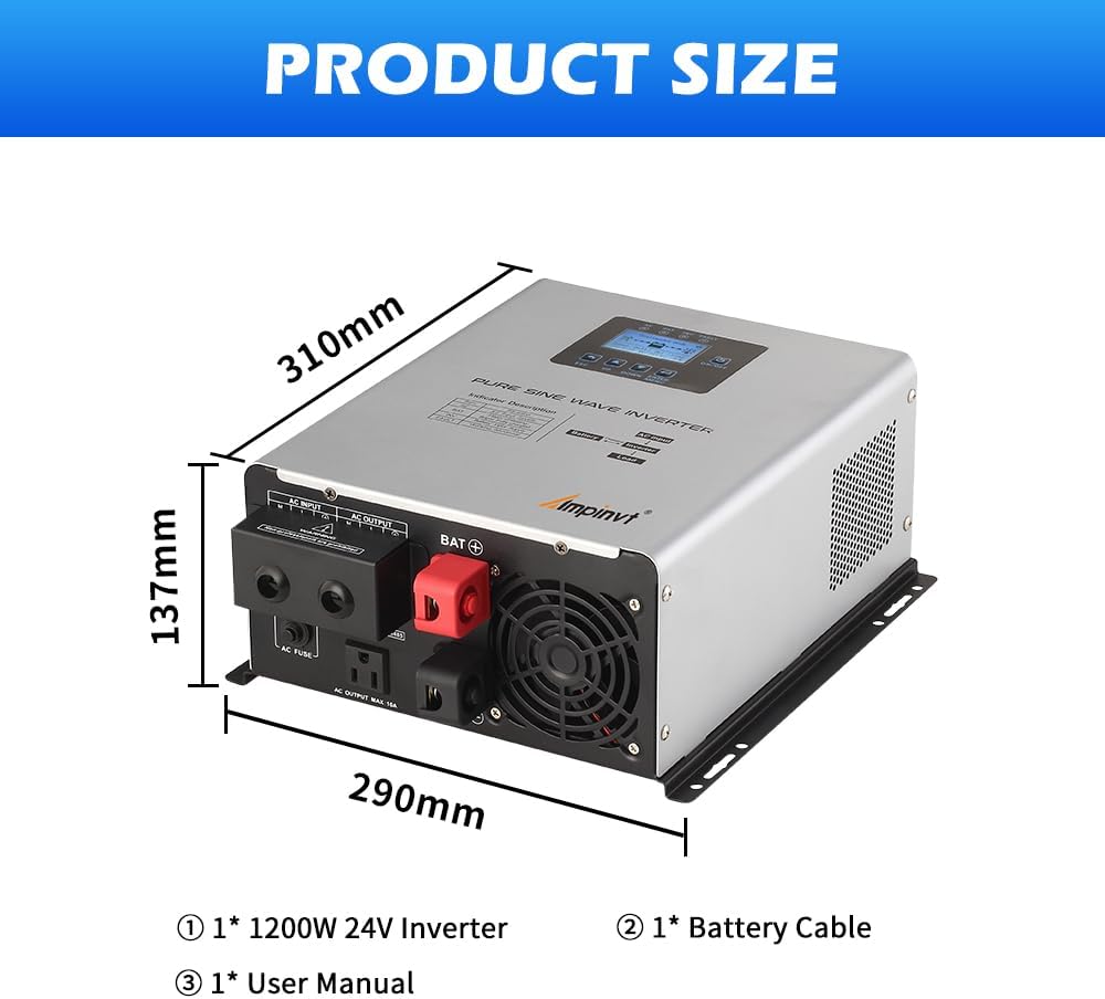 Ampinvt 1200W Pure Sine Wave Inverter with AC Charger, DC 24V to AC 120V Output,UPS Backup Power Low Frequency Inverter for Lithium, Sealed,AGM, Gel,and Flooded Batteries