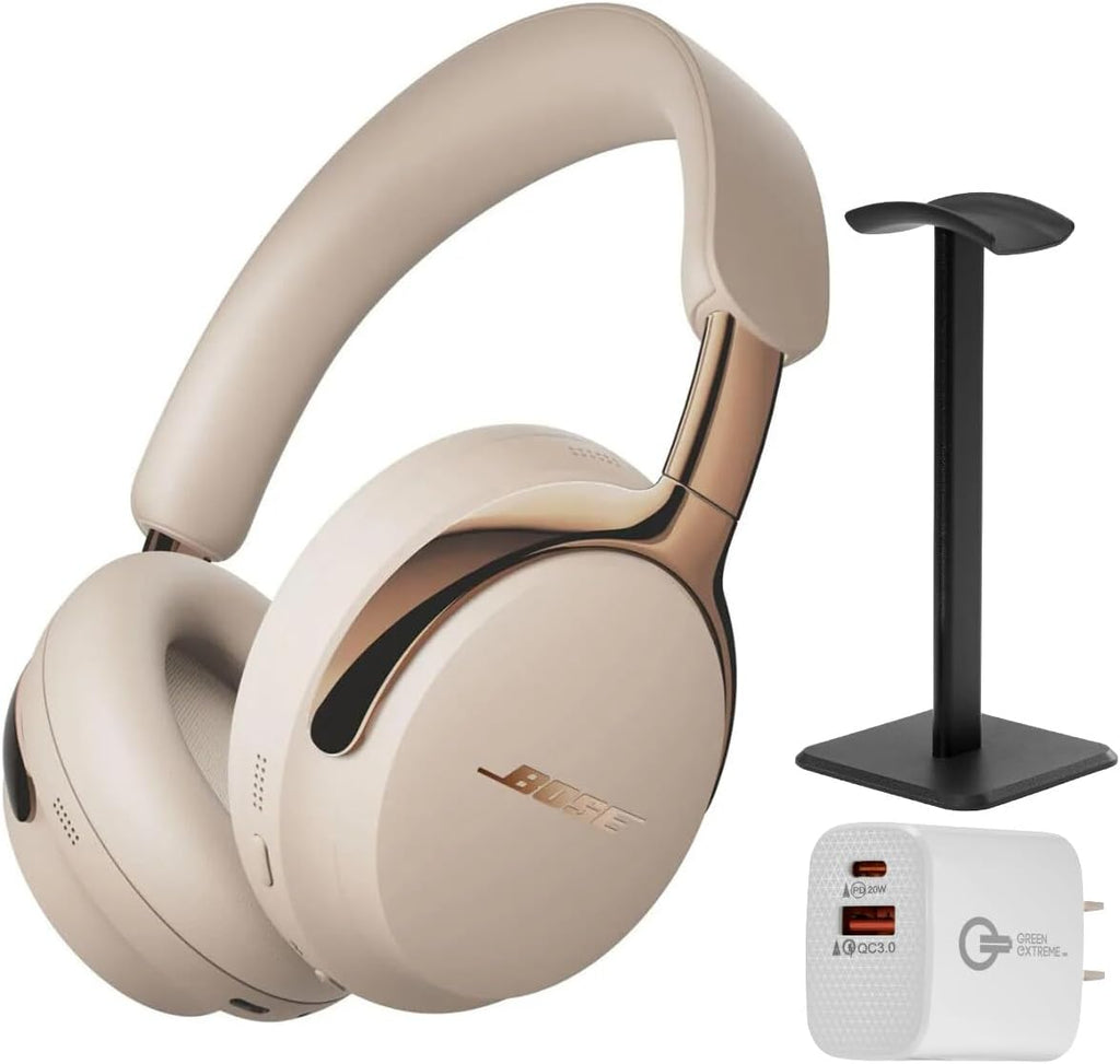 Bose (2nd Gen QuietComfort Ultra Bluetooth Headphones, Wireless Headphones with Spatial Audio, Over Ear Noise Cancelling with Mic, Up to 30 Hours of Play time + 20W Wall Charger (Driftwood Sand)