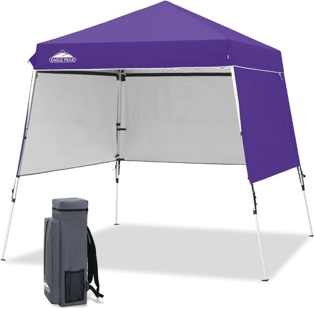 EAGLE PEAK Day Tripper 8x8 Aluminum Super-Lightweight Slant Leg Pop Up Canopy with 3 Removable Walls, Instant Outdoor Backpack Canopy Tent, Outside Beach Folding Sun Shelter, 8x8 Base 6x6 Top, Purple