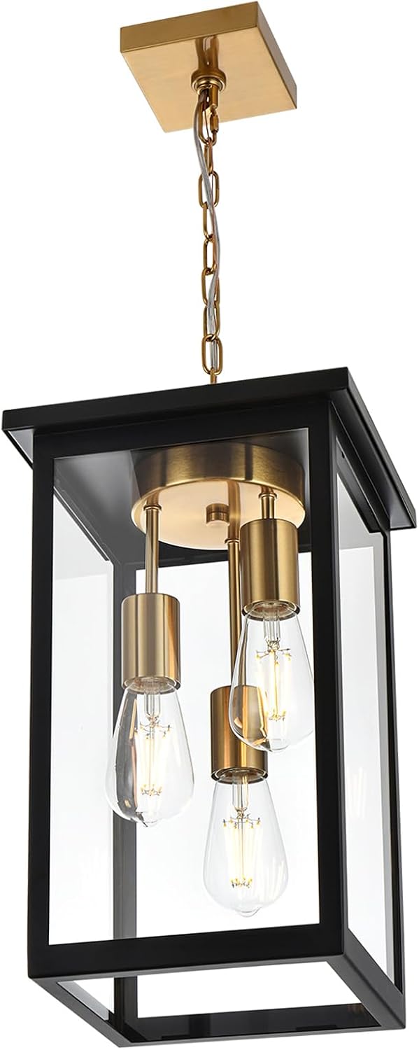 Yaohong Outdoor Pendant Lights for Porch, Modern 3-Lights Exterior Hanging Lights, Exterior Hanging Lantern with Clear Glass and Height Adjustable, Large Outdoor Ceiling Lights for Patio Front Foyer