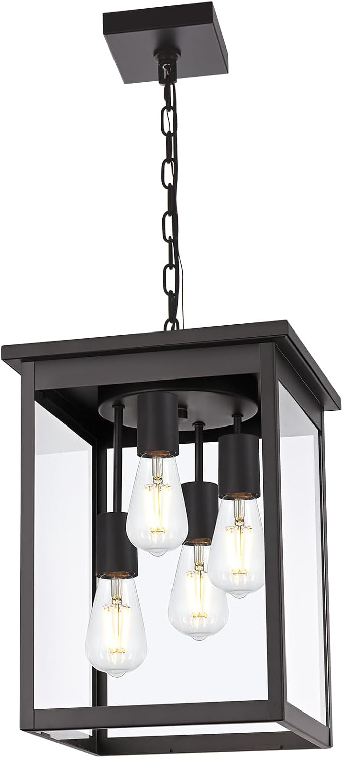 Yaohong Large Outdoor Pendant Lights for Porch, 4-Lights Black Exterior Pendant Light with Clear Glass, Outdoor Porch Light Ceiling Mount Outdoor Hanging Light Fixture for Gazebo, Patio, Entryway