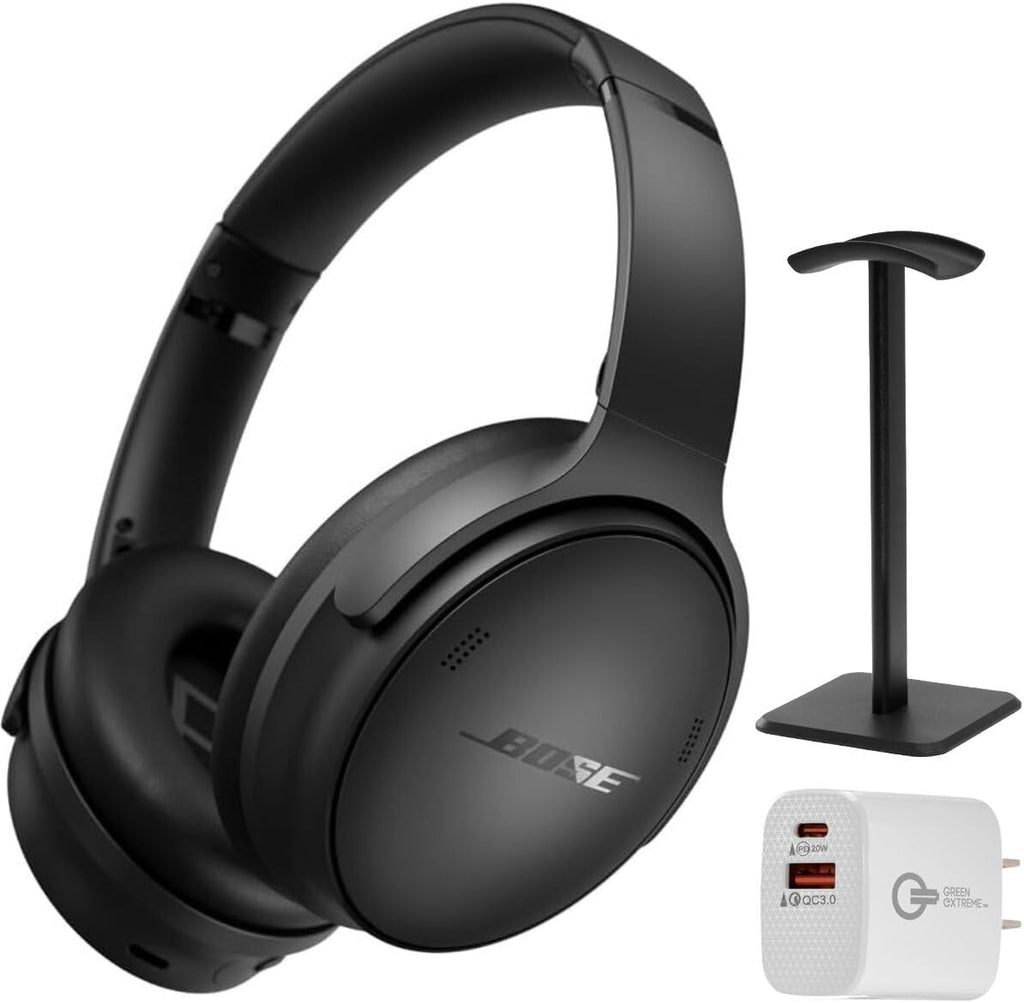 Bose QuietComfort Headphones - Wireless Bluetooth Headphones, Active Over Ear Noise Cancelling and Mic, Deep Bass Bundle + Desktop Headphone Stand + Green Extreme Dual Wall Charger (Black)