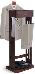 Wood Suit Rack with Drawer&Tray, Freestanding Valet Stand for Men Women, Standing Clothes Organizer Rack with Contour Hanger Trouser Bar Floor Stand Valet for Entryway Living Room Bedroom Office(A)