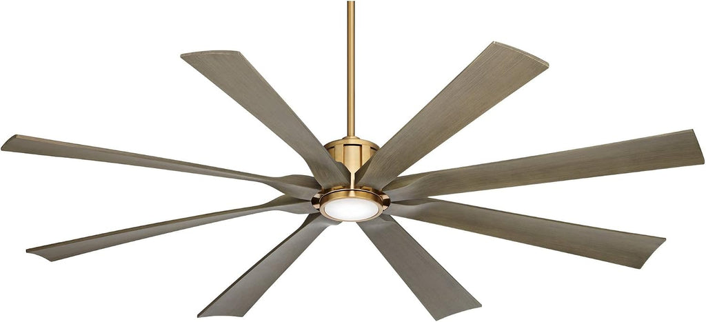 Possini Euro Design 70' Defender Modern Outdoor Ceiling Fan with Dimmable LED Light Remote Control Soft Brass Weathered Oak Blades Damp Rated for Patio Exterior House Porch Gazebo Garage Barn
