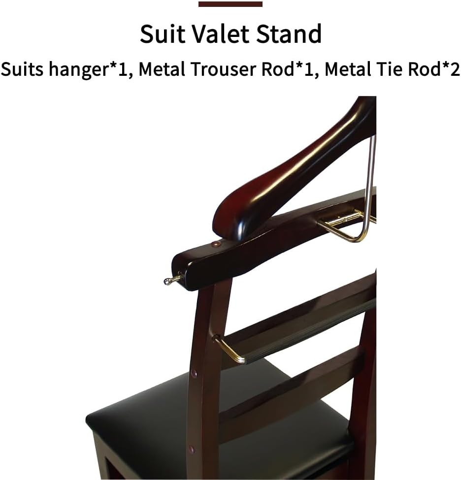 Wooden Suit Valet Stand with Contour Hanger Chair Valet with Drawer Trouser Bar and Tie & Belt Bar Freestanding Clothes Valet Stand Organizer Storage for Men and Women(Dark Brown)
