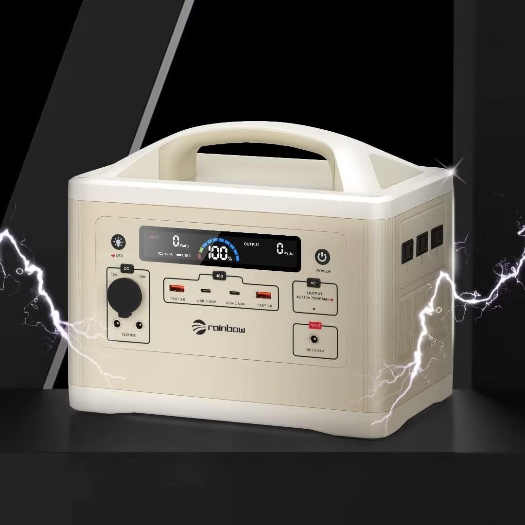 RAINBOW Portable Power Station 700W, 537Wh Backup LiFePO4 Battery, Solar Generator for Outdoor Camping, 3 x 110V/700W(Peak 1400W) AC Outlets, Quick Charge for Home, Hiking