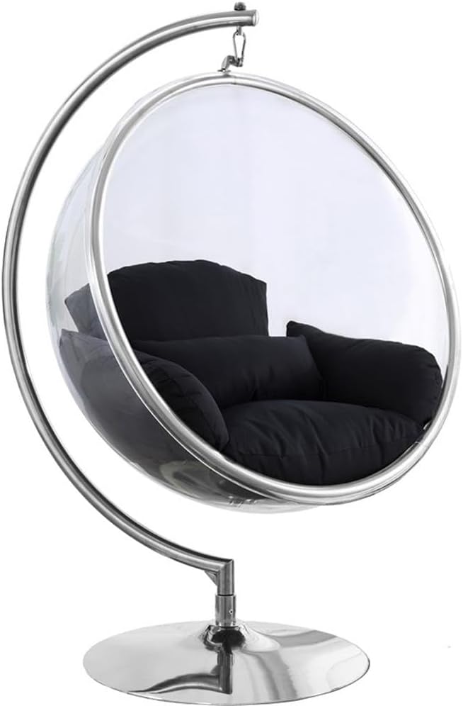 Meridian Furniture 507Black Luna Collection Modern | Contemporary Clear Acrylic Accent Swing Chair with Durable Metal Base and Fabric Seat, Black, Chrome Finish, 41.5' W x 29.5' D x 64' H
