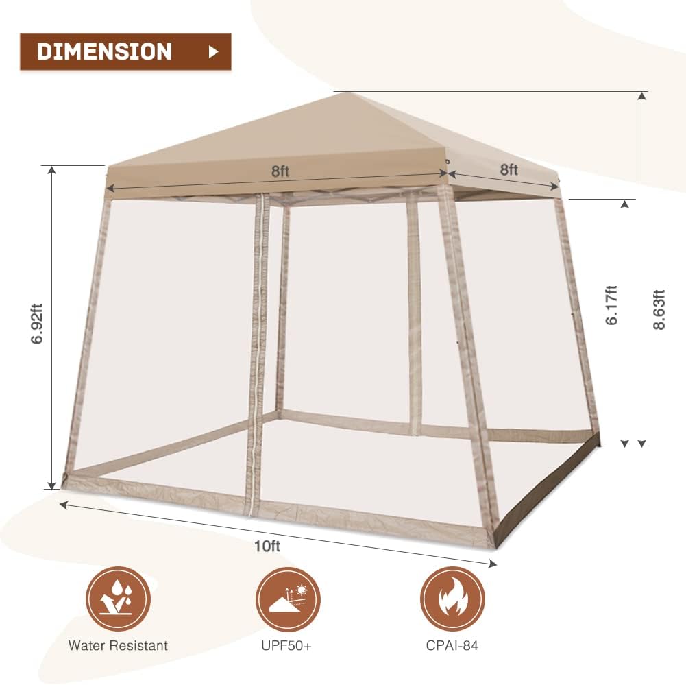 10x10 Pop Up Canopy Tent, Slant Leg Instant Screened Gazebo with Mesh Walls, UV Protection, Water Resistant, Beige