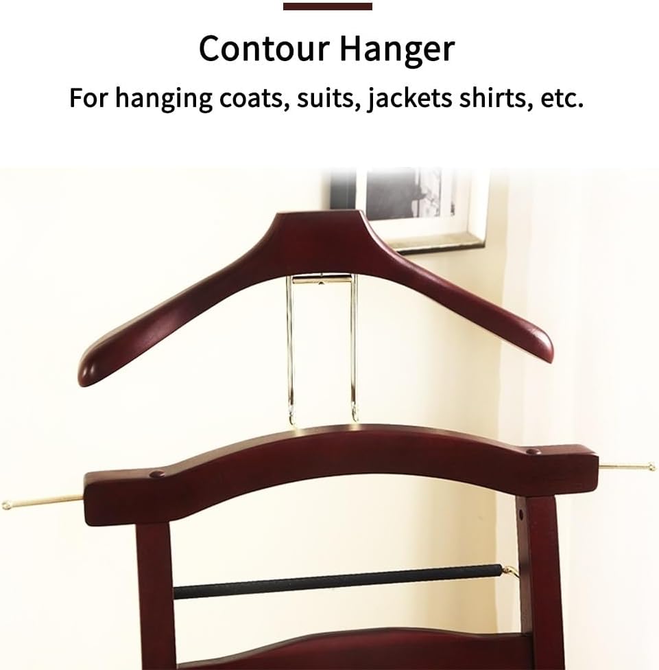 Wooden Suit Valet Stand with Contour Hanger Chair Valet with Drawer Trouser Bar and Tie & Belt Bar Freestanding Clothes Valet Stand Organizer Storage for Men and Women(Dark Brown)