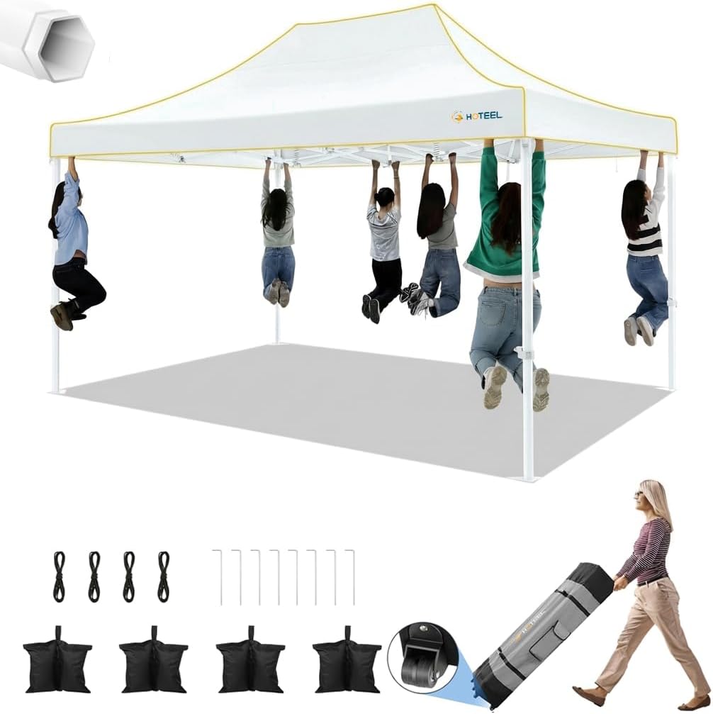 HOTEEL 10x15 Heavy Duty Pop up Canopy Tent for Parties Without Sidewalls, Easy Setup Outdoor Commercial Instant Gazebo for Wedding Event, with Roller Bag & Sand Bags, White(Hexagonal Frame)