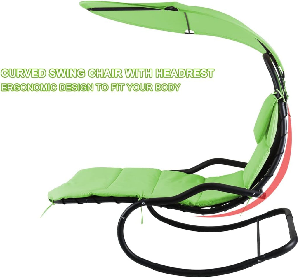 Outdoor Hammock Rocking Chaise Lounge Swing Chair, with Stand and Canopy, Porch Swing w/Soft Cushion Removable Headrest, Outdoor Recliner Rocking Chair for Garden Backyard Poolside (Green)