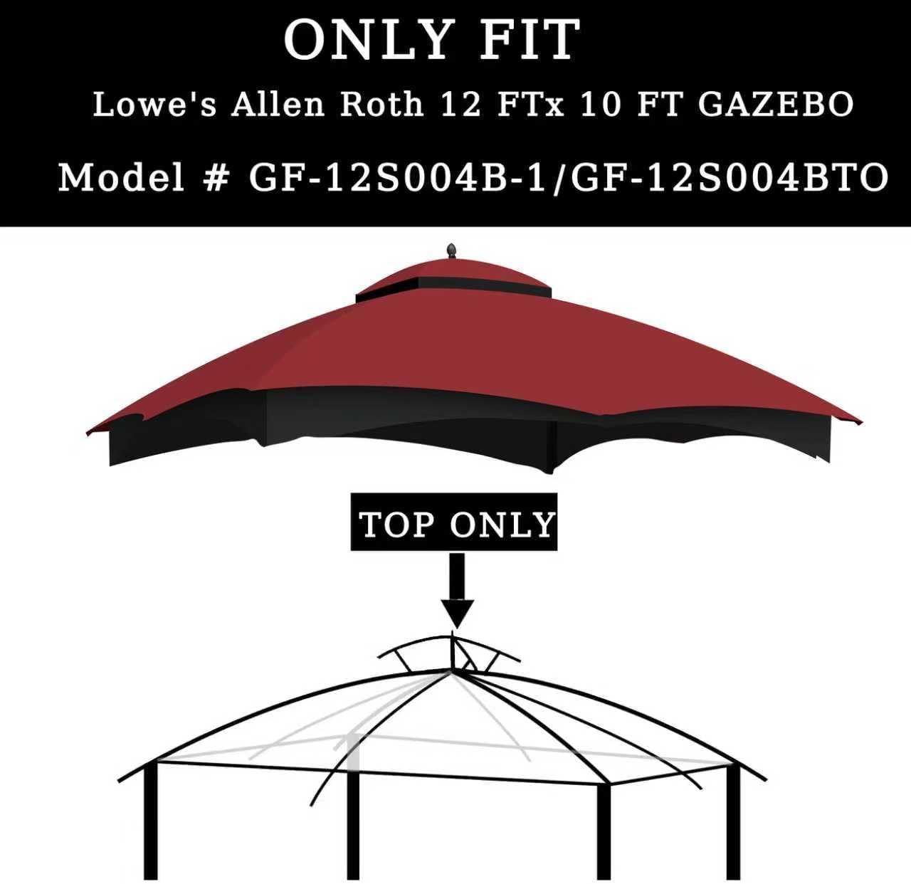 10x12 Ft Outdoor Patio Gazebo Replacement Canopy for Lowe's Allen Roth 10x12 Gazebo #GF-12S004B-1, Double Tiered Roof Top Cover, UV Protection & Waterproof Fabric, Burgundy (Frame Not Included)