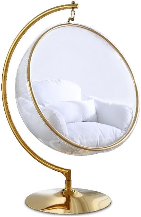 Meridian Furniture Luna Collection Modern | Contemporary Clear Acrylic Accent Swing Chair with Gold Metal Base and Durable Fabric Seat, 41.5' W x 29.5' D x 64' H, White