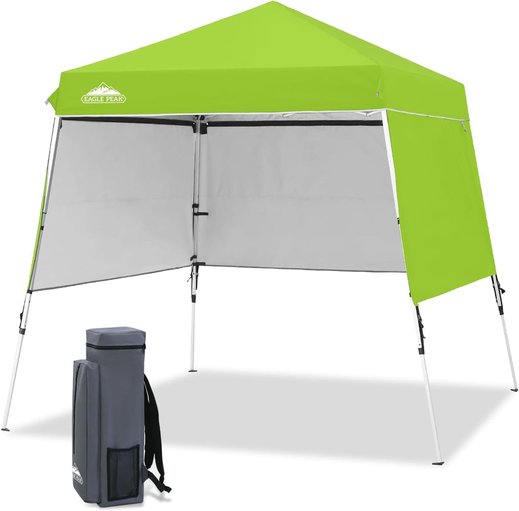 EAGLE PEAK Day Tripper 8x8 Aluminum Super-Lightweight Slant Leg Pop Up Canopy with 3 Removable Walls, Instant Outdoor Backpack Canopy Tent, Outside Beach Folding Sun Shelter, 8x8 Base 6x6 Top, Green