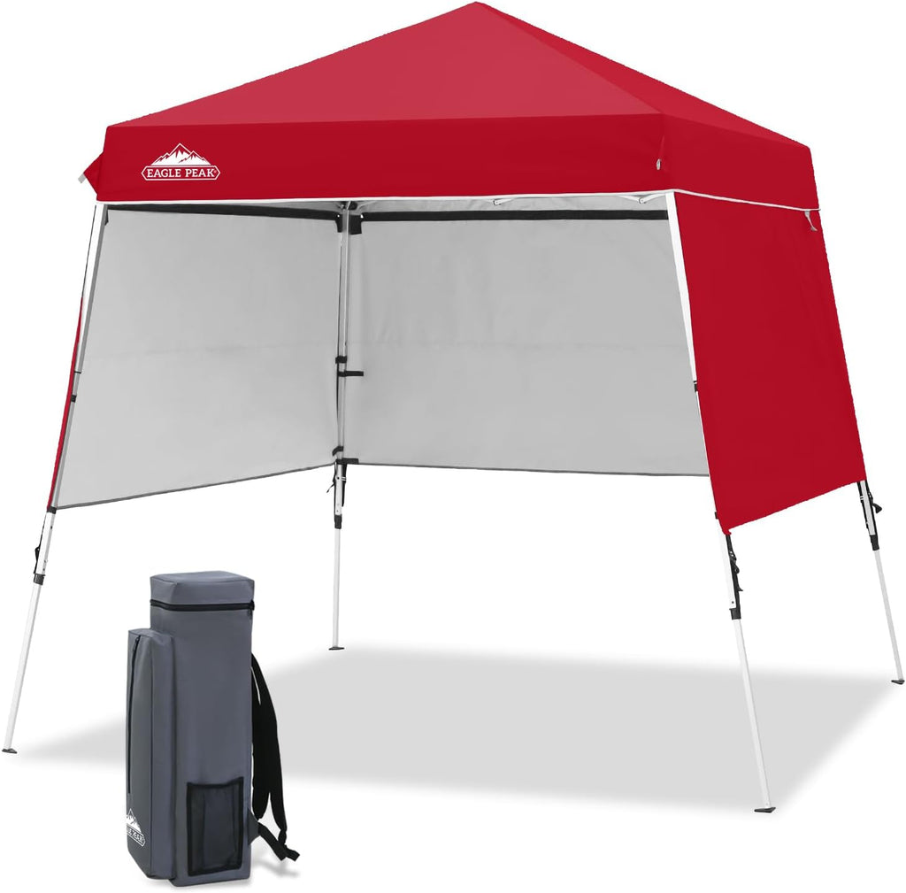 EAGLE PEAK Day Tripper 8x8 Aluminum Super-Lightweight Slant Leg Pop Up Canopy with 3 Removable Walls, Instant Outdoor Backpack Canopy Tent, Outside Beach Folding Sun Shelter, 8x8 Base 6x6 Top, Red