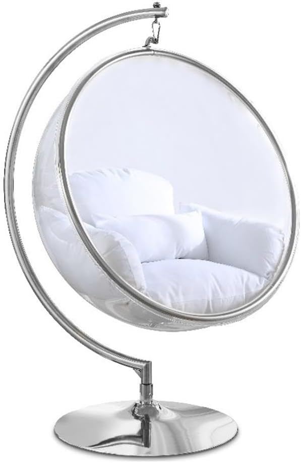 Meridian Furniture 507White Luna Collection Modern | Contemporary Clear Acrylic Accent Swing Chair with Durable Metal Base and Fabric Seat, White, Chrome Finish, 41.5' W x 29.5' D x 64' H