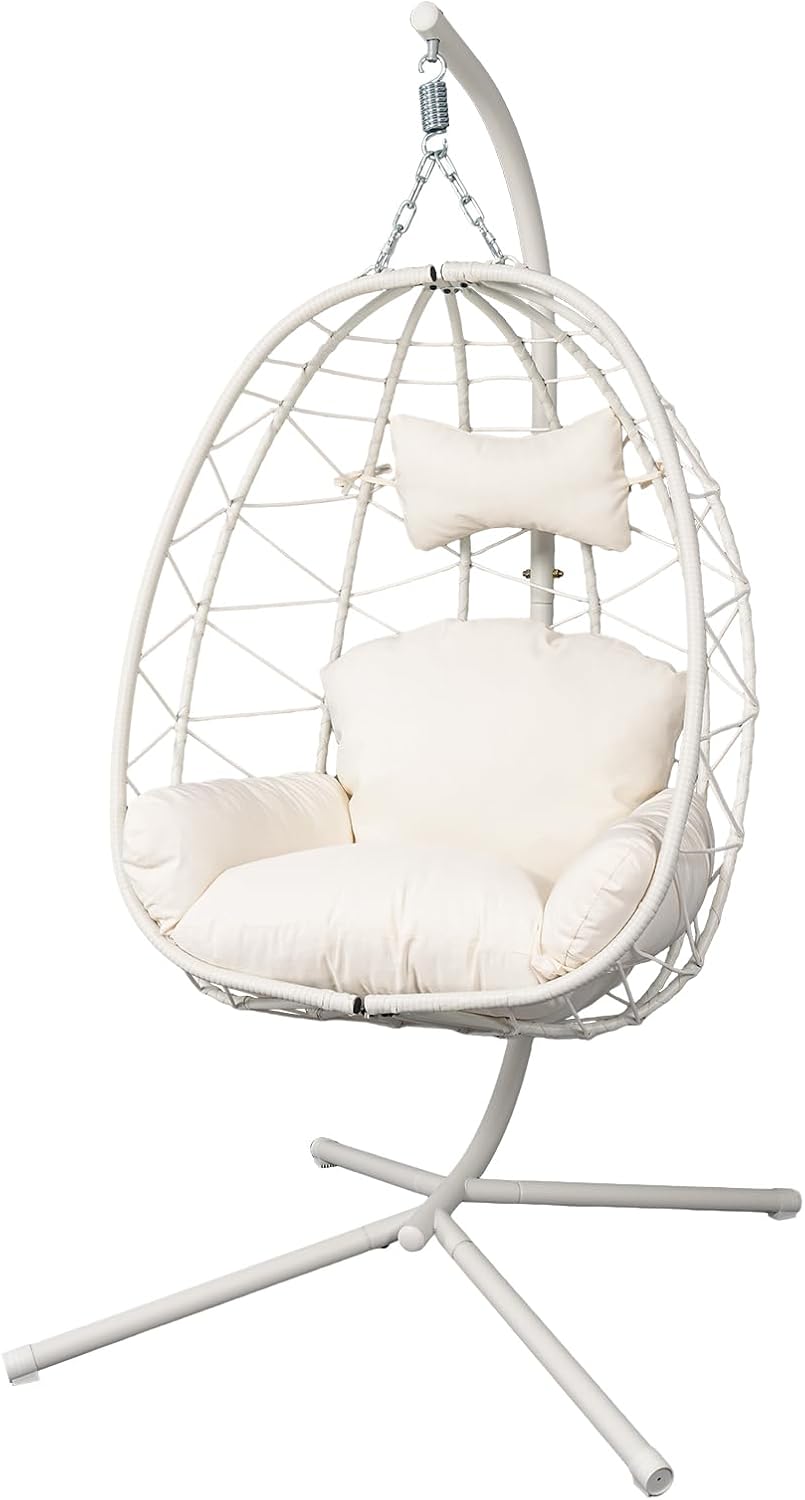 Egg Chair with Stand, Wicker Hanging Chair for Outdoor Patio, Cushioned Hammock Swing for Bedroom Garden Indoor/Outdoor, Double-Zipper Structure Hanging Egg Chair (White and White)