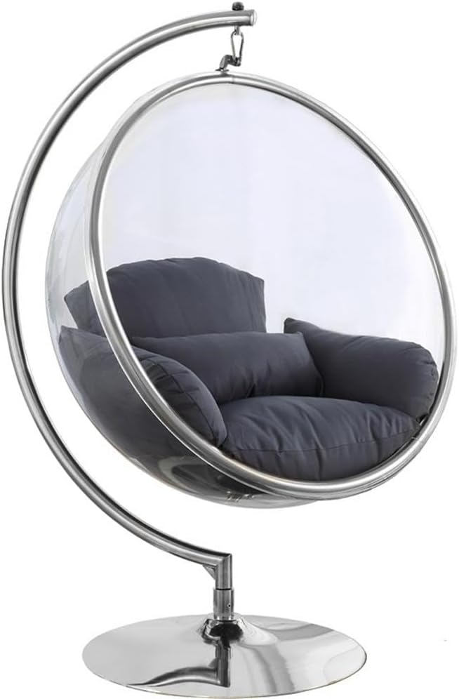 Meridian Furniture 507Grey Luna Collection Modern | Contemporary Clear Acrylic Accent Swing Chair with Durable Metal Base and Fabric Seat, Grey, Chrome Finish, 41.5' W x 29.5' D x 64' H