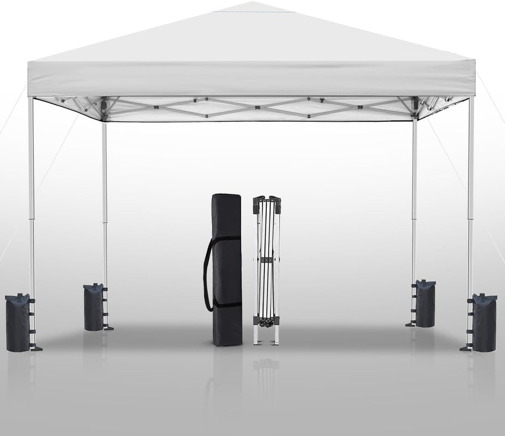 10x10ft Pop Up Canopy Tent Instant Shelter, Portable Outdoor Sun Shade with Silver Coated UPF 50+ Waterproof Top, 3-Height Adjustable Frame for Camping, Parties, Events (White)