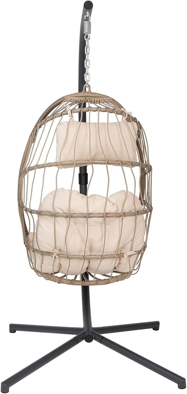 Flash Furniture Cleo Indoor/Outdoor Patio Hanging Egg Chair - Natural Frame with Cream Seat Cushions - Black Powder Coated C-Style Stand - Hanging Hardware Included