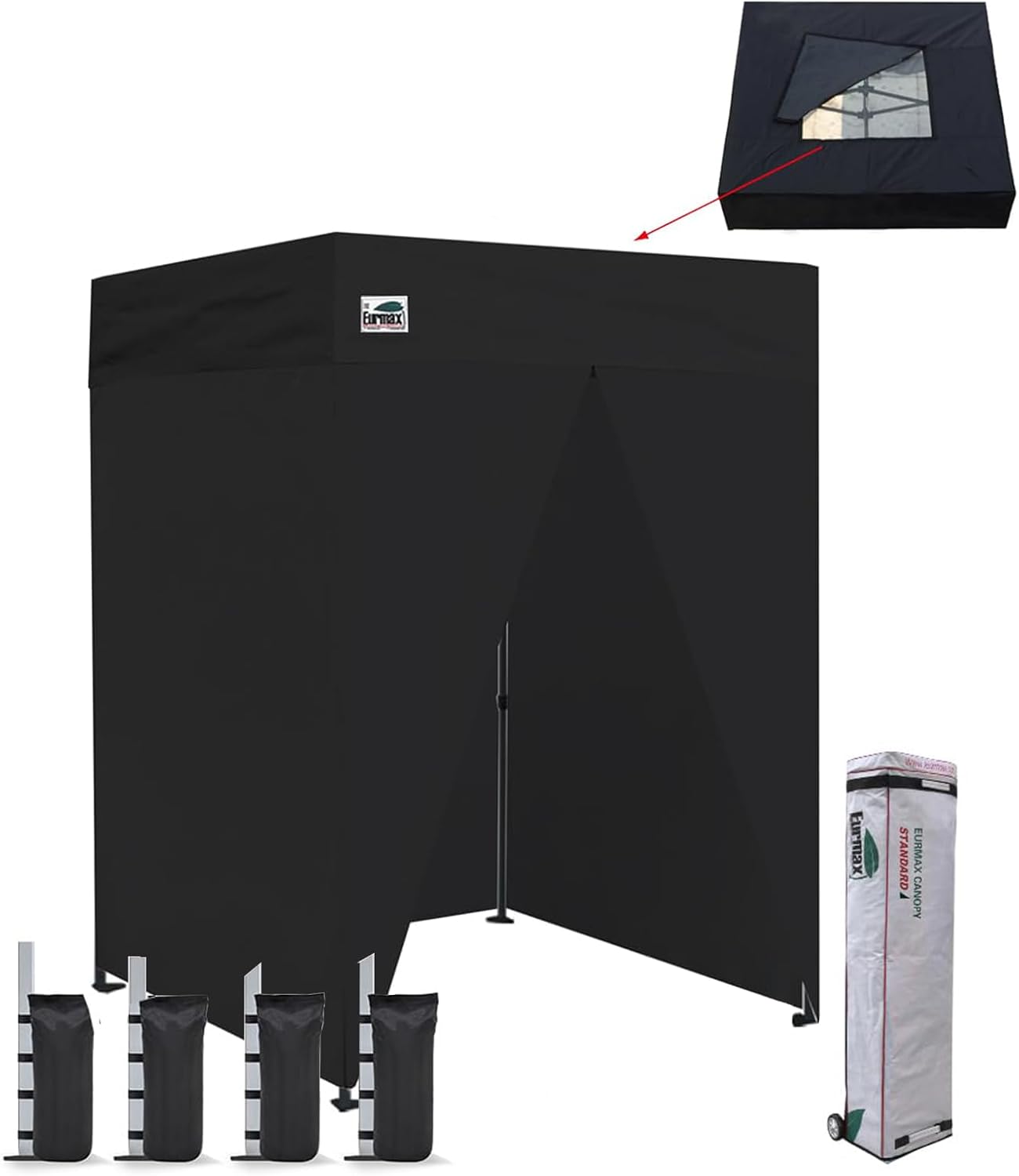 Eurmax USA 5x5 Pop Up Canopy Tent,Commercial Tent with Patented No-Tip Rolling Bag,4 Zippered Removable Walls,UV & Water Resistant Top,Heavy Duty Outdoor Gazebo,Instant Shelter(Black with Window)