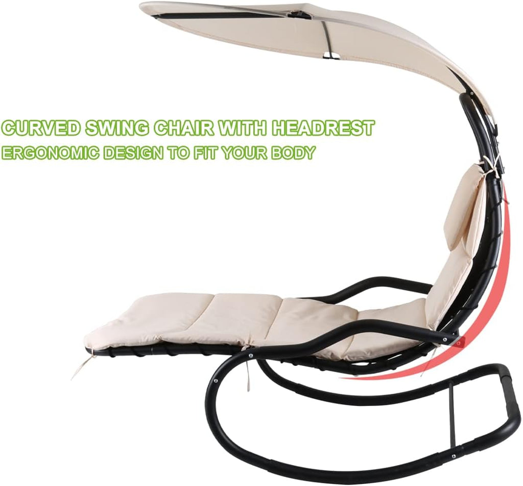 Outdoor Hammock Rocking Chaise Lounge Swing Chair, with Stand and Canopy, Porch Swing w/Soft Cushion Removable Headrest, Outdoor Recliner Rocking Chair for Garden Backyard Poolside (Beige)