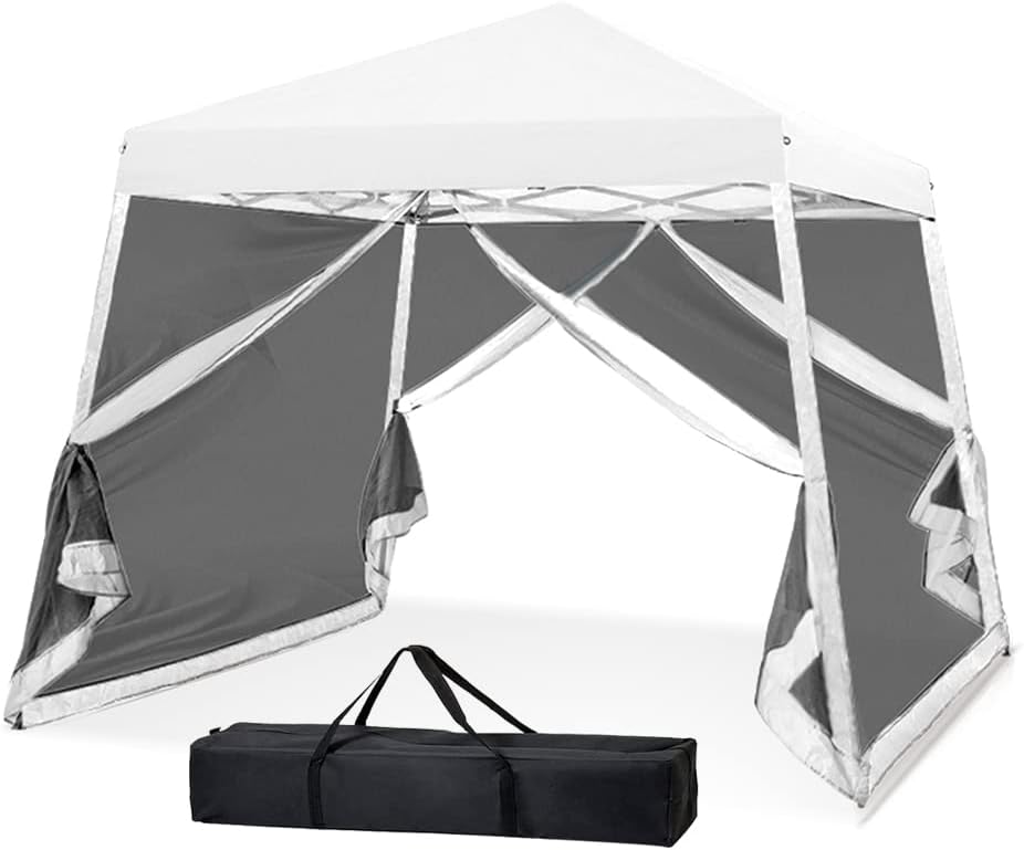 10x10 Pop Up Canopy Tent, Slant Leg Instant Screened Gazebo with Mesh Walls, UV Protection, Water Resistant, White