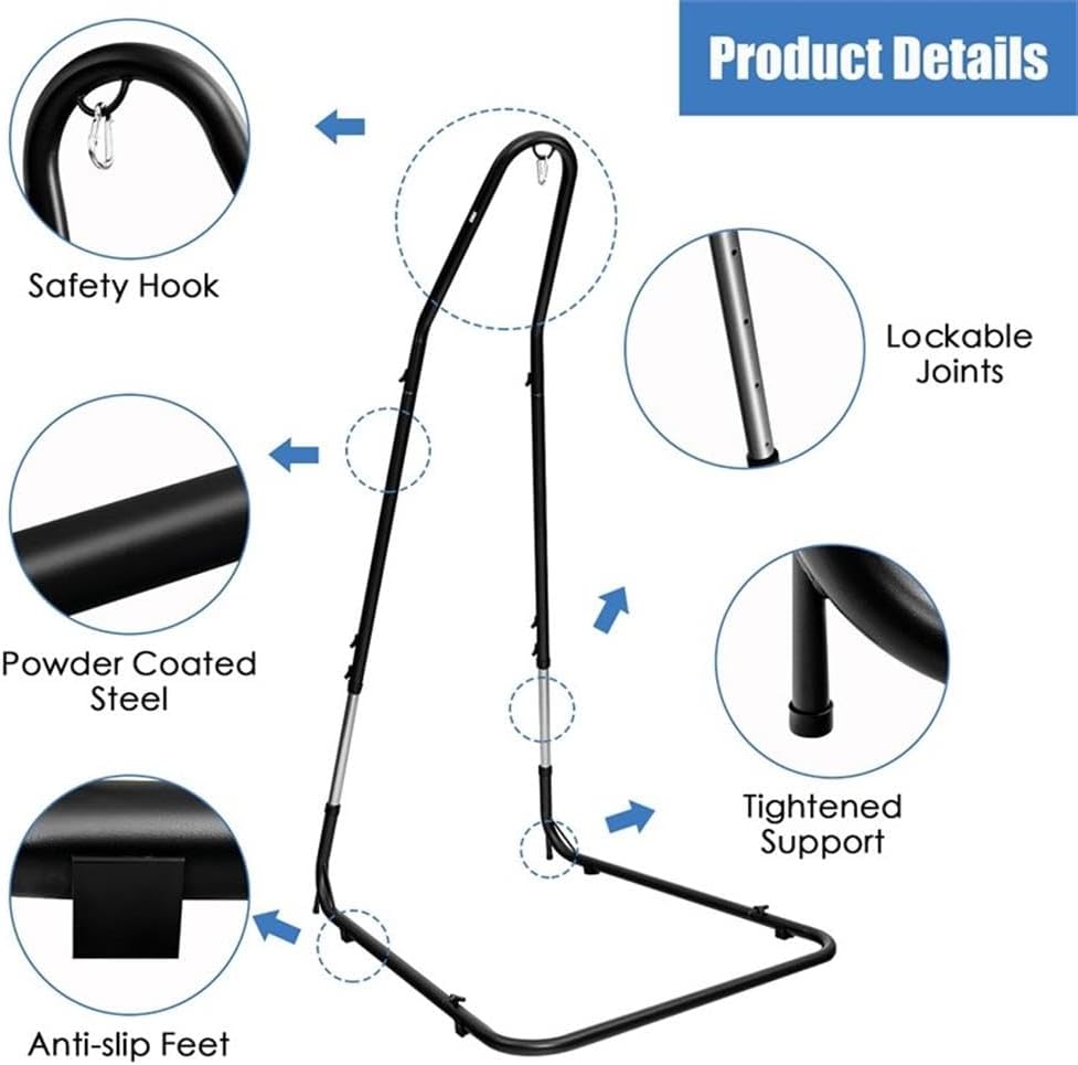 Pemberly Row Adjustable Hammock Chair Stand, 77-93 in, Steel Frame, Black Finish, Anti-Slip Footpads, Supports 330 Lbs, Lightweight Portable Design for Patio, Porch, Backyard
