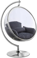Meridian Furniture 507Grey Luna Collection Modern | Contemporary Clear Acrylic Accent Swing Chair with Durable Metal Base and Fabric Seat, Grey, Chrome Finish, 41.5' W x 29.5' D x 64' H
