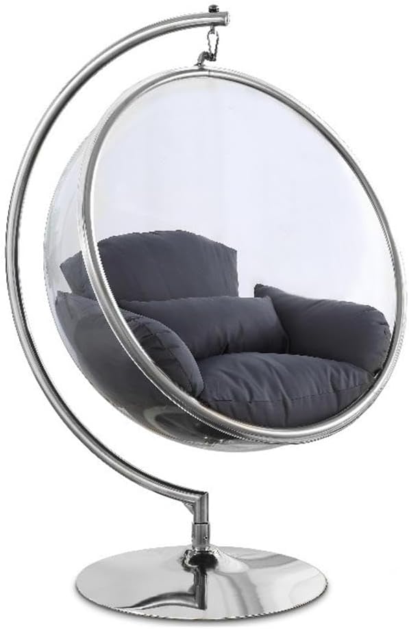 Meridian Furniture 507Grey Luna Collection Modern | Contemporary Clear Acrylic Accent Swing Chair with Durable Metal Base and Fabric Seat, Grey, Chrome Finish, 41.5' W x 29.5' D x 64' H