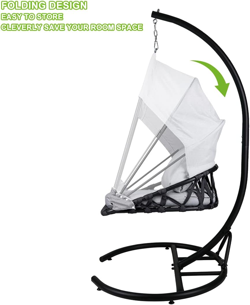 Foldable Hanging Chair Swing Hammock Egg Chair PE Rattan Wicker Seat w/Padded Cushion Headrest Pillow Canopy for Outdoor, Indoor, Blue