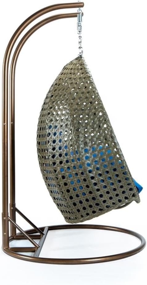 LeisureMod Blue Wicker 2 Person Egg Swing Chair with Beige Stand and Cushions - Double Hanging Hammock Lounge for Patio, Indoor & Outdoor Use