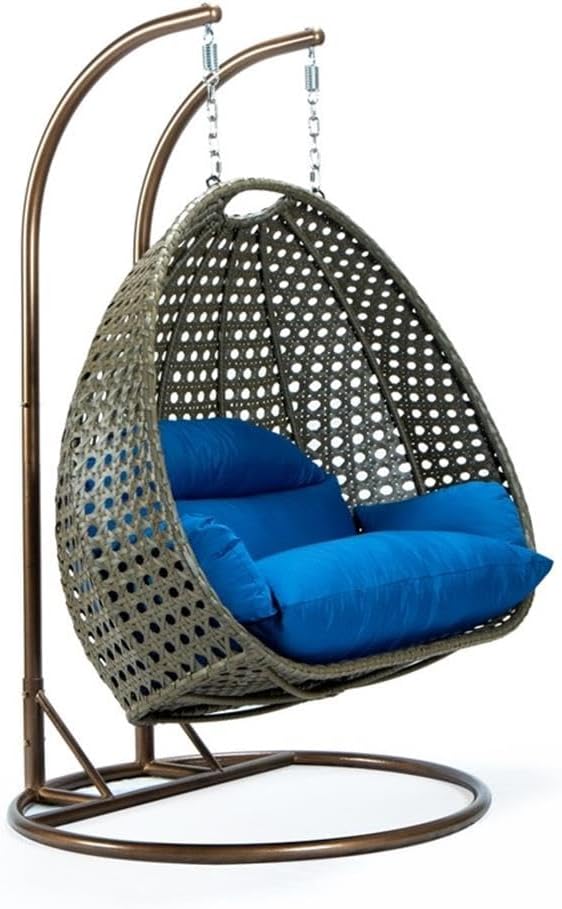 LeisureMod Blue Wicker 2 Person Egg Swing Chair with Beige Stand and Cushions - Double Hanging Hammock Lounge for Patio, Indoor & Outdoor Use