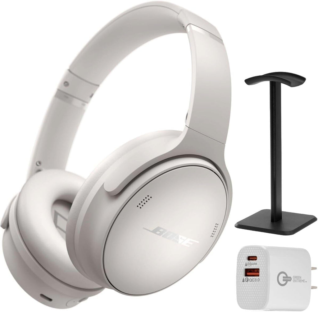 Bose QuietComfort Headphones - Wireless Bluetooth Headphones, Active Over Ear Noise Cancelling and Mic, Deep Bass Bundle + Desktop Headphone Stand + Green Extreme Dual Wall Charger (White)